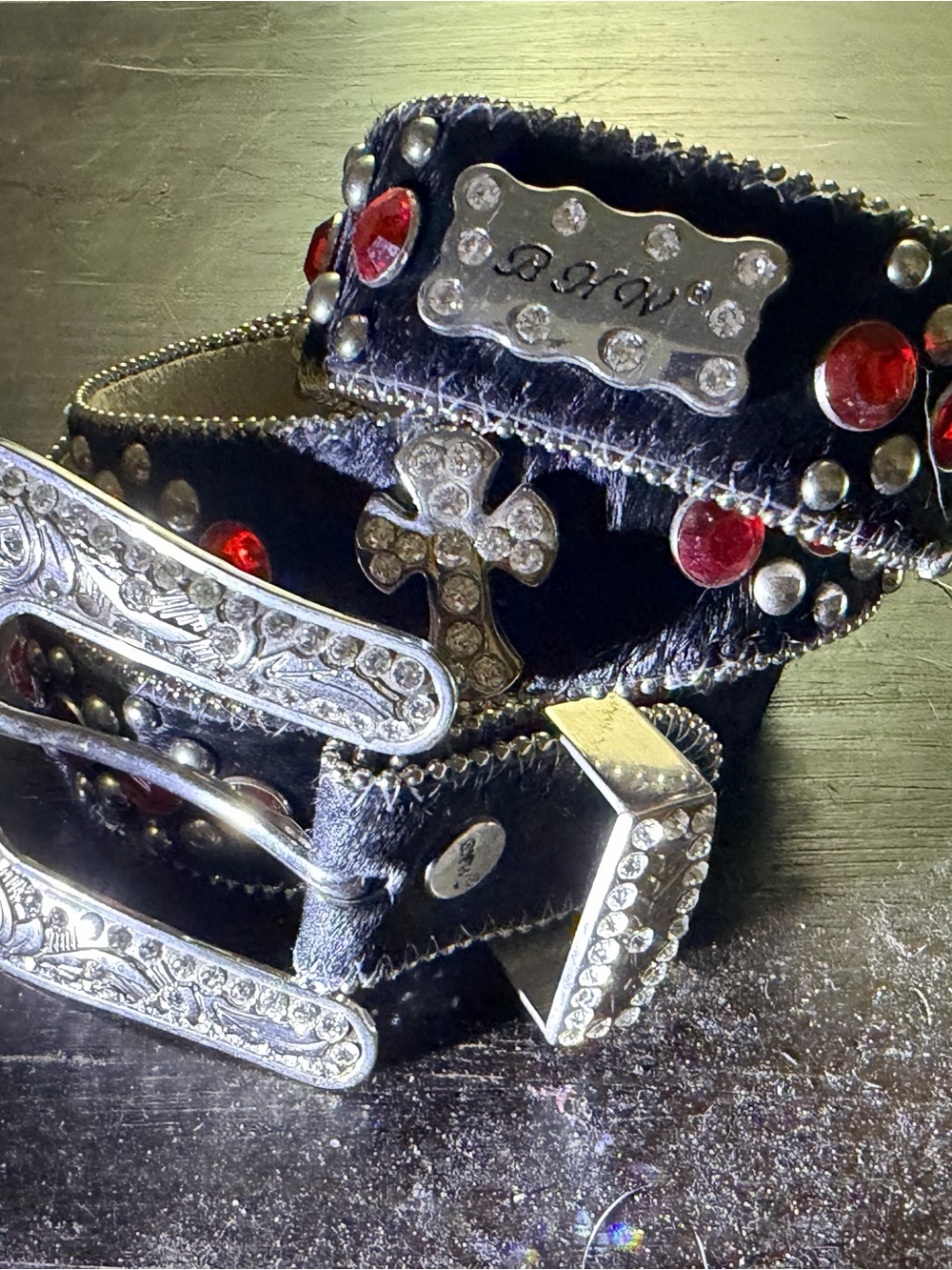 Black cowhide rhinestone crosses red stones western bling belt large